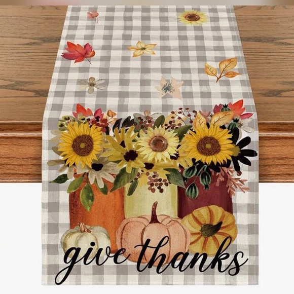 NWT- Gray & White Buffalo Check- Give Thanks π»π Mason Jars Table Runner 72x13 - Picture 5 of 6